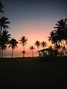 Lang SuanBaan Be Beach的日落时分棕榈树海滩上的房子