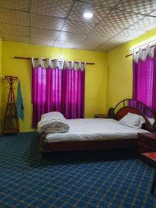 PanaotiDadaghare Homestay & View Point Restaurant的一间卧室配有粉红色窗帘,卧室内配有一张床
