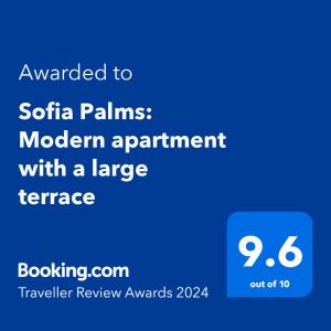 索非亚Sofia Palms: Modern apartment with a large terrace的一部手机的屏幕,上面的文本被授予现代的santa palinas