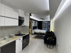 安卡拉KT SUİTE的带水槽的厨房和1间带1张床的客厅