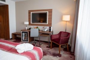 克拉约瓦克拉约瓦华美达酒店的配有一张床和一张书桌的酒店客房