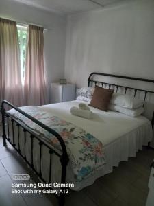 彼得马里茨堡Secret guest house的卧室配有一张带白色床单和枕头的大床。