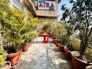 新德里Staybook Hotel Aira, Paharganj, New Delhi Railway Station的种有盆栽植物和红色长凳的庭院