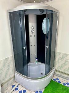 OrgochorKayyr Guest House的浴室设有玻璃淋浴间,铺着绿色地毯