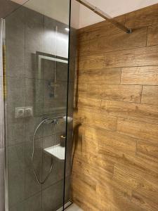 克拉科夫Wielopole Classy Rooms的带淋浴的浴室和玻璃墙