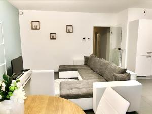 瑟兰Magnifique appartement 2 chambres à Liège Ougrée的客厅配有沙发和桌子