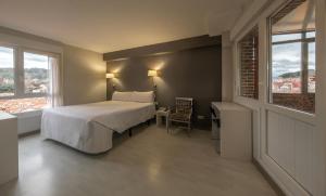 毕尔巴鄂比尔比酒店的卧室配有一张床、一张书桌和窗户。