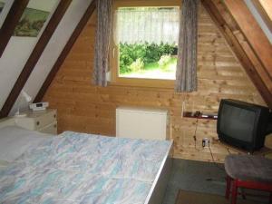 希格斯多夫Ferienhaus Amrhein的小屋内一间卧室配有一张床和电视
