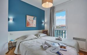 圣让-德吕兹Résidence Odalys Domaine Iratzia的配有两张床铺的蓝色墙壁和窗户