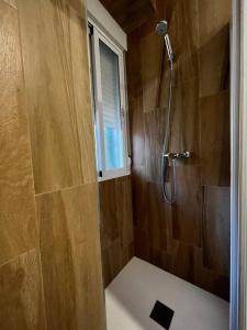 科尔多瓦Calahorra Experience的带淋浴的浴室和窗户。