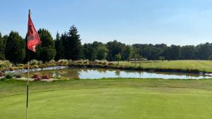 弗尔黎祖弗吉斯酒店的一个带池塘和旗帜的高尔夫球场