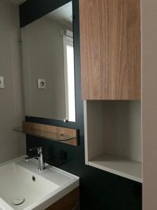 圣布里文莱丝皮恩Mobil home Aventura 6-8 personnes tout confort的一间带水槽和镜子的浴室