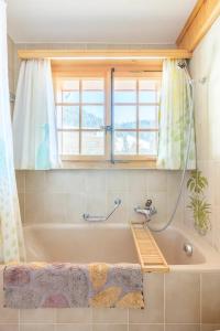 威拉尔-苏-罗伦Villars Alpine Heaven - Ski In的带浴缸的浴室和窗户