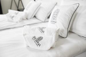 罗兹Srebrna Luxury Apartments - willa fabrykancka的一张白色床上的枕头
