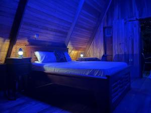 克里比KSW BASE NAUTIQUE Isonalambo的一间卧室配有一张蓝色灯光的大床