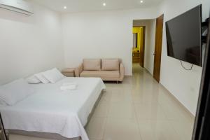 里韦拉Hotel Casa David的一间卧室配有一张床、一张沙发和一台电视