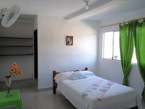 巴亚索拉诺Hostal Adrimar的一间卧室配有一张带绿帘的床和窗户