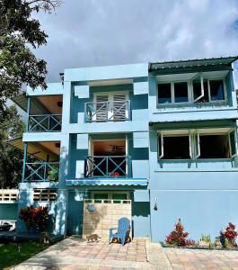 Hacienda Verde Luz的前面有一只狗的蓝色房子
