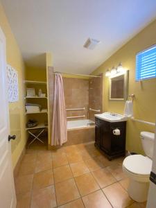 新布朗费尔斯Comal Inn的带浴缸、盥洗盆和卫生间的浴室