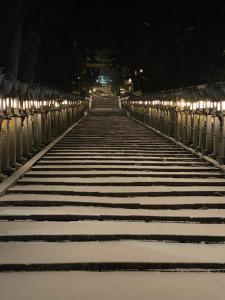 生驹Kannabi Ikomayama Hotel的夜间有雪覆盖的桥,有灯光