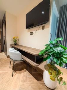 Cao LãnhKHÁCH SẠN THƯ LÊ LUXURY的客房设有一张桌子、一台电视和植物