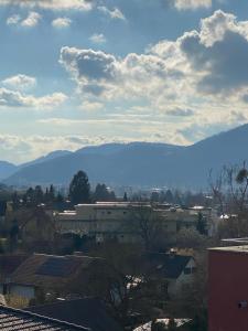 格拉茨Schönes Apartment mit Aussicht über Graz的享有以山脉为背景的城市美景