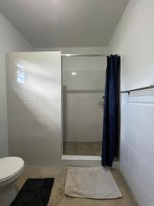 卢萨卡Golden Bean Grove的带淋浴、卫生间和浴帘的浴室