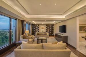 新德里新德里利拉格调会议酒店的带沙发和电视的客厅