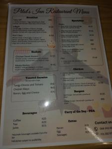 约翰内斯堡机场套房酒店的餐厅菜单的照片