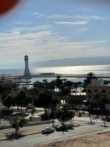 亚喀巴Aladnan hotel的享有海滩和大海的美景,设有一座塔楼