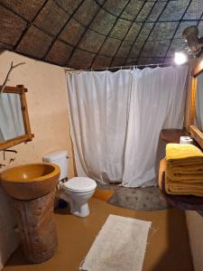 姆巴巴内Hawane Resort的浴室设有卫生间、水槽和窗帘