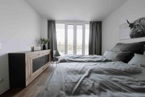 德绍Gropius的一间卧室设有一张大床和一个窗户。