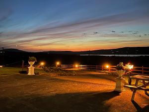 波特马吉Valentia View的日落时分,两瓶花和一根长凳在田野里