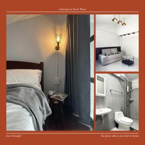 素叻Stay Thought的卧室配有一张床和一间浴室的两张照片