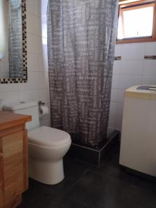 卡布尔瓜Cabañas sueños del sur的一间带卫生间和淋浴帘的浴室