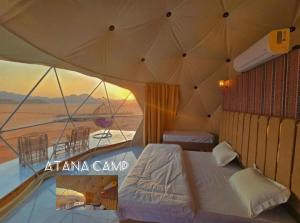 瓦迪拉姆RUM ATANA lUXURY CAMP的一间带沙发床的卧室,享有沙漠美景