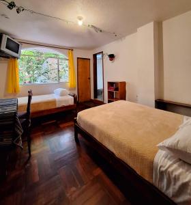 巴尼奥斯Hostal Chimenea的一间卧室设有两张床和窗户。