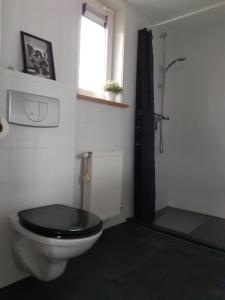 曲马勒姆4-persoons vakantiehuisje Simmerwille的浴室设有黑色的卫生间和窗户。