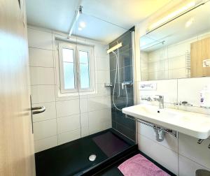 萨斯格伦德阿尼卡木屋酒店的一间带水槽和淋浴的浴室