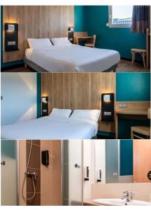 圣艾蒂安B&B HOTEL Saint-Etienne Monthieu的两张图片的酒店客房 - 带两张床和一个水槽