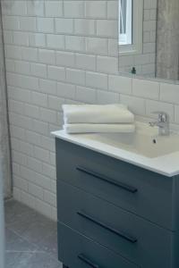 瓦伦西亚La Casa Verde - Ruzafa的浴室配有带镜子的盥洗盆和毛巾