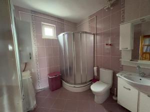 HacılarMET house的带淋浴、卫生间和盥洗盆的浴室