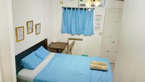 马那瓜Orison Hostels Managua的一间卧室配有蓝色的床和蓝色窗帘