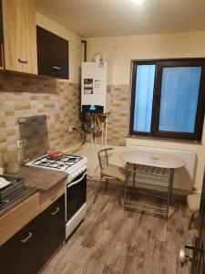 康斯坦察Apartament sat vacanța Mamaia-Constanta的厨房配有炉灶和桌子。