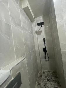 伊斯坦布尔GRAND BELLA VİSTA Hostel的带淋浴和盥洗盆的白色瓷砖浴室