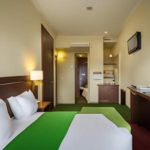 马图拉Hotel Spiritual Land的酒店客房设有一张大床和一间浴室。