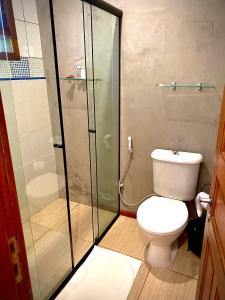 弗洛里亚诺波利斯Pousada Tulipane Florianopolis的一间带卫生间和玻璃淋浴间的浴室