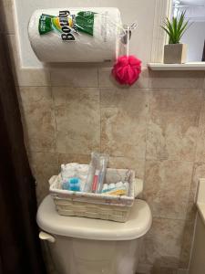 迈阿密Paradise的浴室里厕所顶部的一个篮子