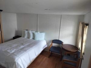 欧申赛德Oceanside Ocean Front Cabins的卧室配有1张床、1张桌子和1把椅子