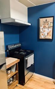 哈利法克斯Comfy Studio #3, Central Location, Parking的厨房配有炉灶和蓝色的墙壁